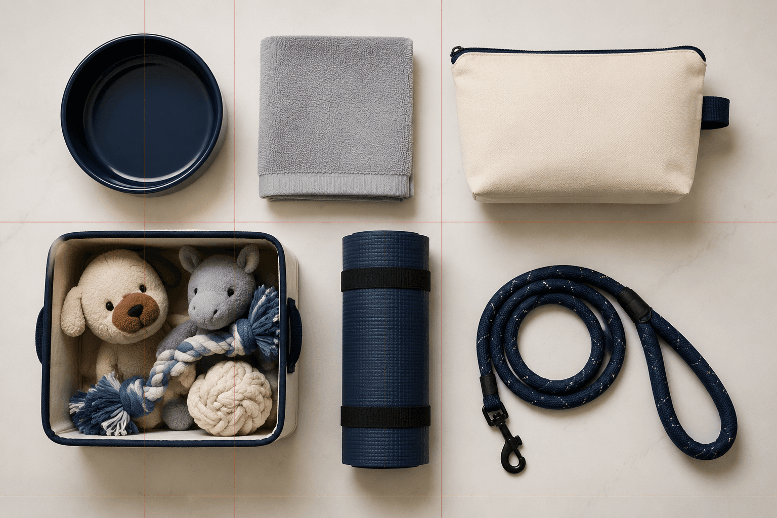 Everyday pet supplies laid out on a counter like a restock checklist