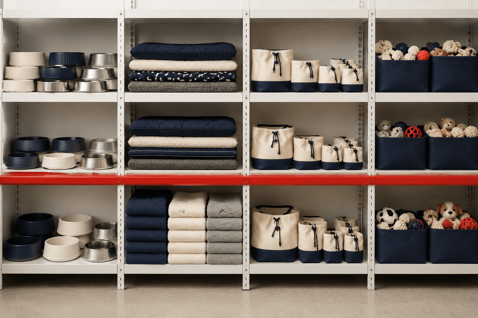 Trusty Pet supply shelf stocked with bowls, mats, towels, walk pouches and toy bins